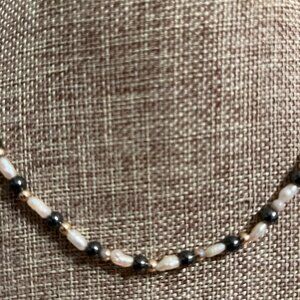 Dainty Rice Pearl, Grey Hematite and Gold tone Beaded Necklace